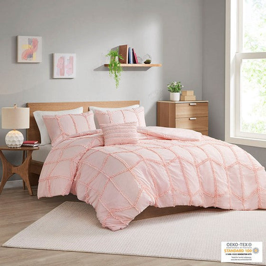 Ruffle Duvet Cover Set Pink Full/Queen Olliix.com