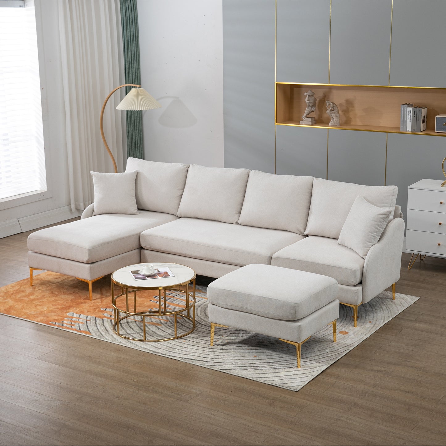 Estella 110'' Wide Reversible Left or Right Chaise of Sectional Sofa U-Shape Convertible Sofa Couch 4-Seat Couch with Chaise Lounge Upholstered for Living Room, Apartment, Office, Beige Polyester Blend House to Home Furnishings LLC