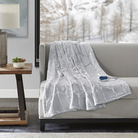 Heated Metallic Print Throw Grey Olliix.com