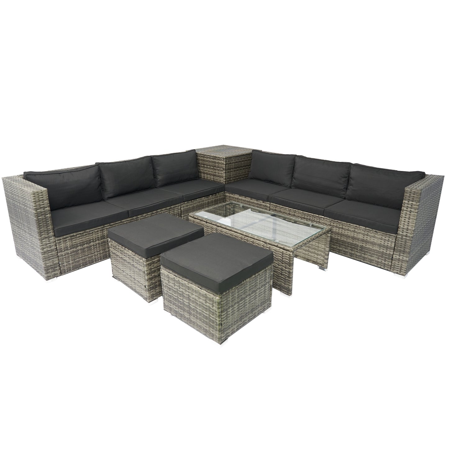 8 Piece Patio Outdoor Sectional Wicker Rattan Outdoor Furniture Sofa Set with One Storage Box Under Seat and Cushion Box Grey wicker + Black Cushion + Clear Glass Top House to Home Furnishings LLC