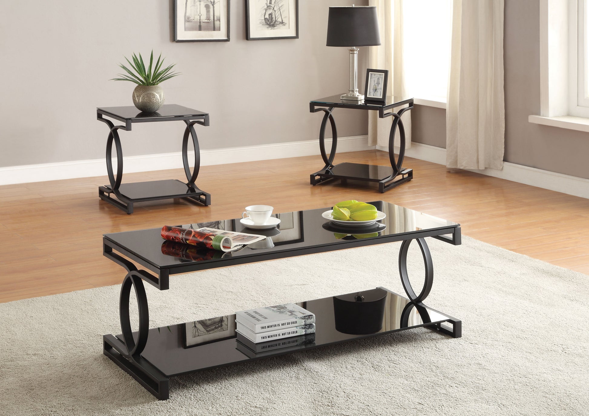 Milo Sandy Black & Black Glass Coffee/End Table Set (3Pc Pk) ACME East