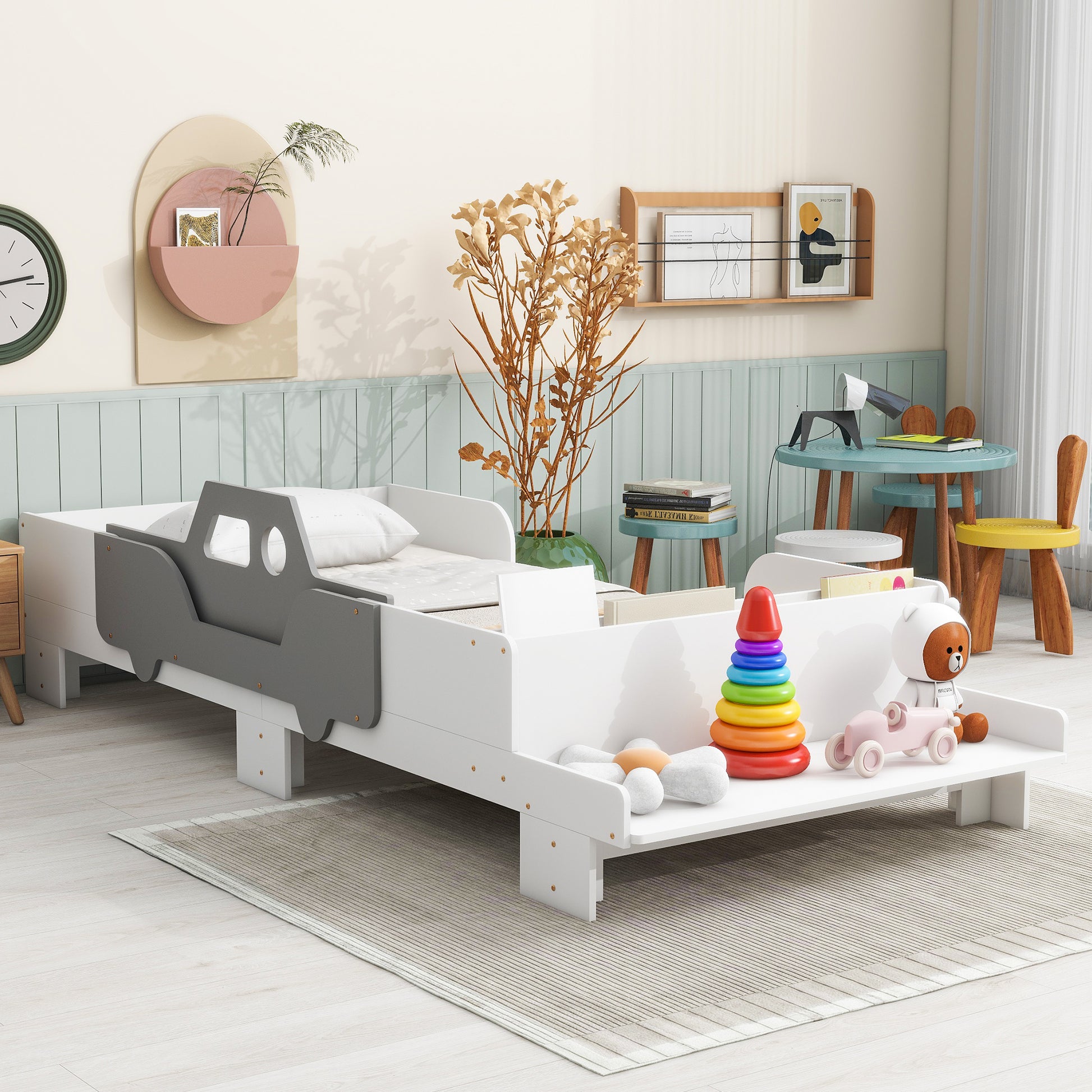 Car-Shaped Twin Wood Bed with Bench,White House to Home Furnishings LLC