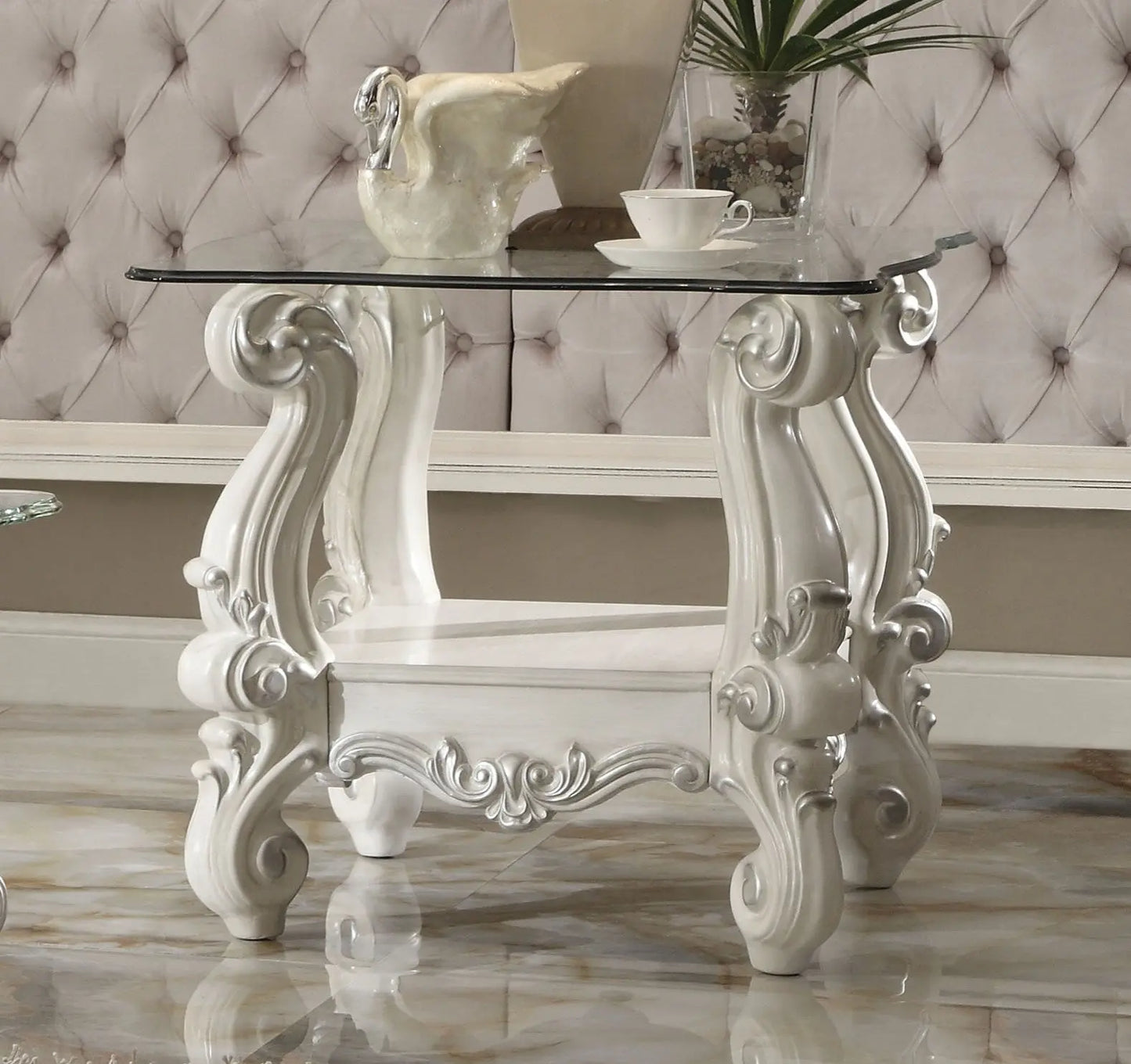 Versailles Bone White & Clear Glass End Table ACME East