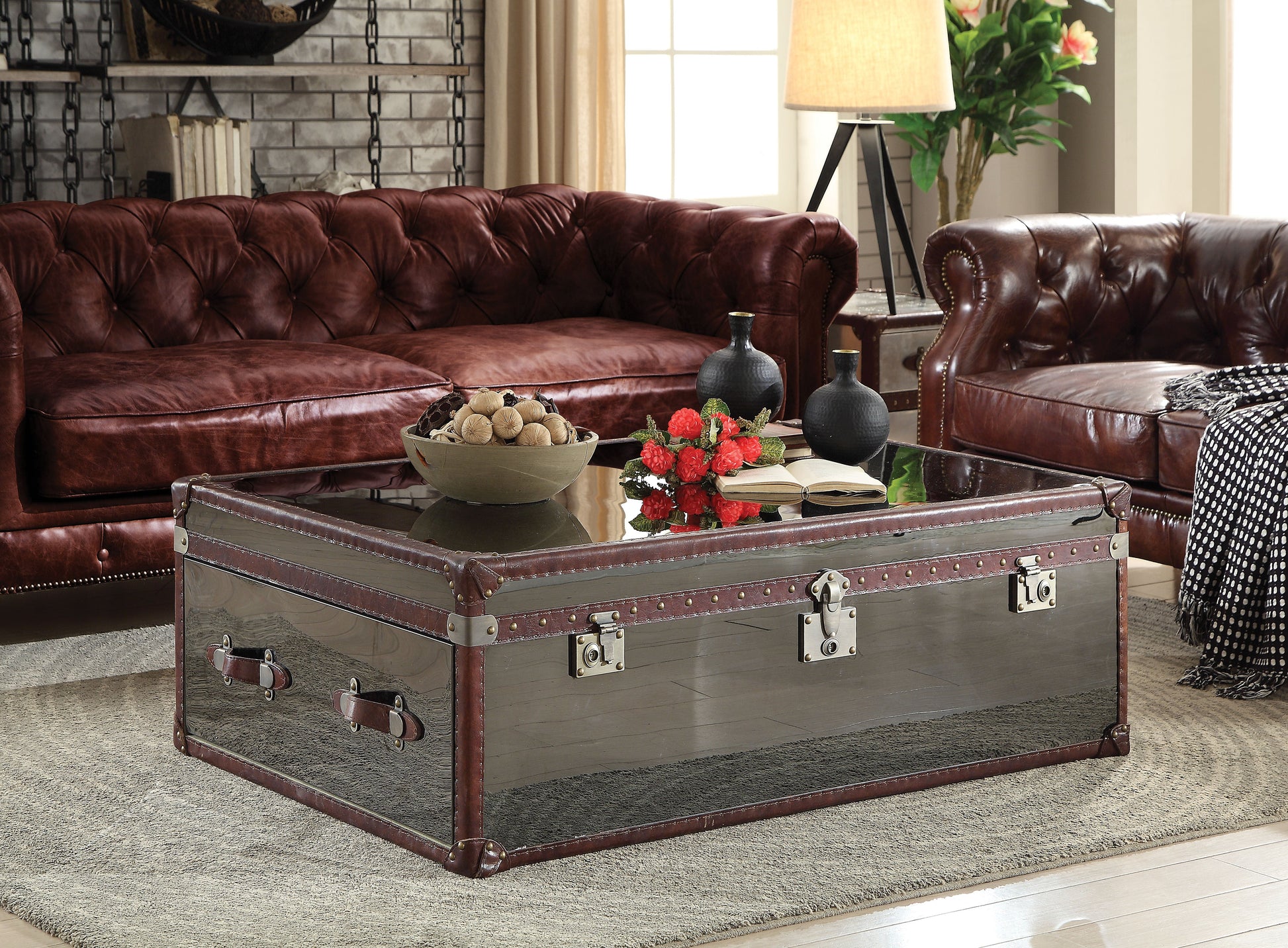 Aberdeen Vintage Dark Brown Top Grain Leather & Stainless Steel Coffee Table ACME East