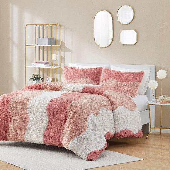 Ombre Shaggy Faux Fur Comforter Set Blush Multi Twin XL Olliix.com