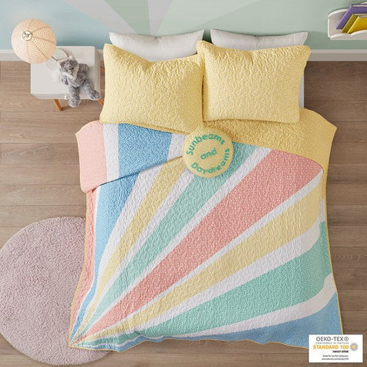 Rainbow Sunburst Reversible Cotton Quilt Set with Throw Pillow Yellow Twin Olliix.com