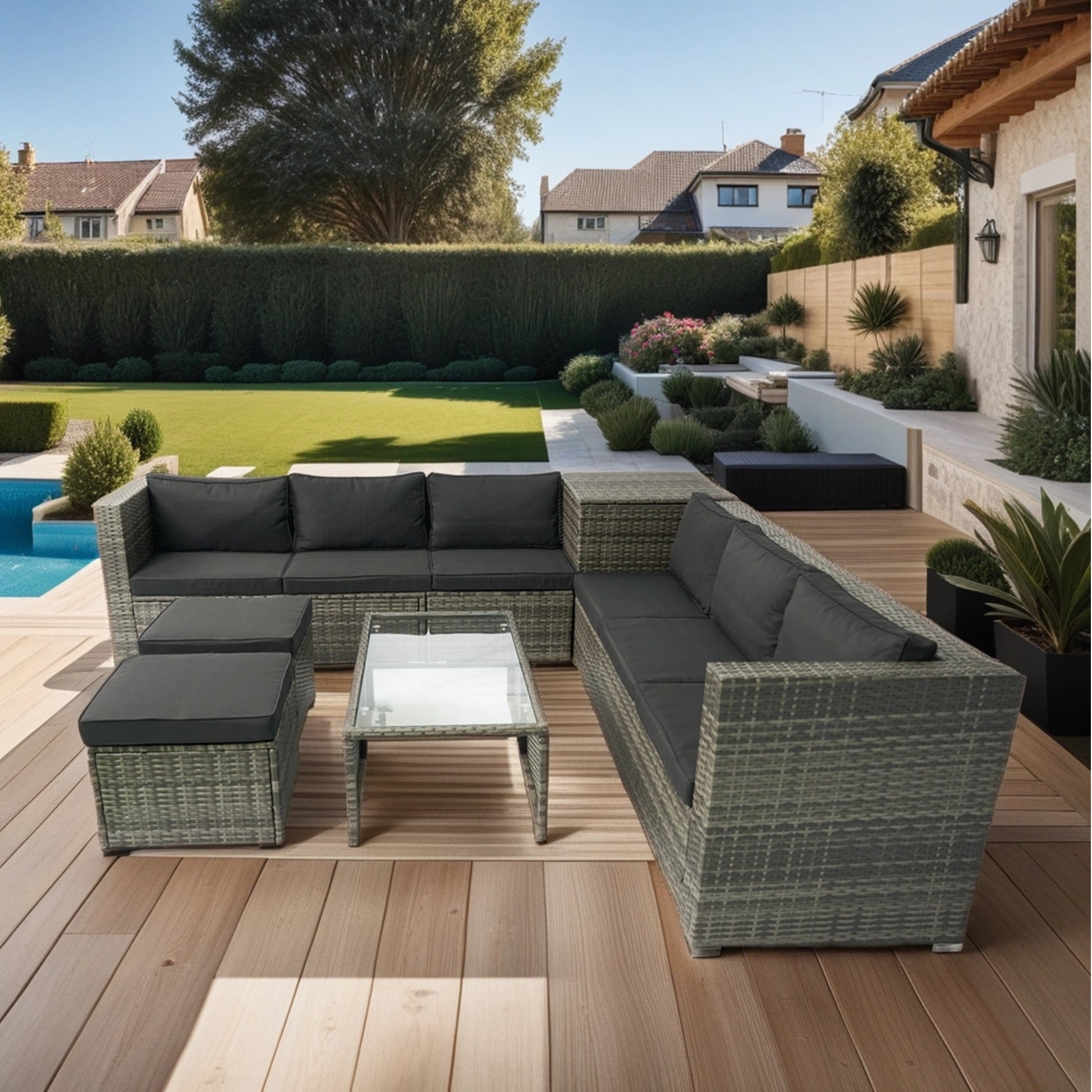 8 Piece Patio Outdoor Sectional Wicker Rattan Outdoor Furniture Sofa Set with One Storage Box Under Seat and Cushion Box Grey wicker + Black Cushion + Clear Glass Top House to Home Furnishings LLC