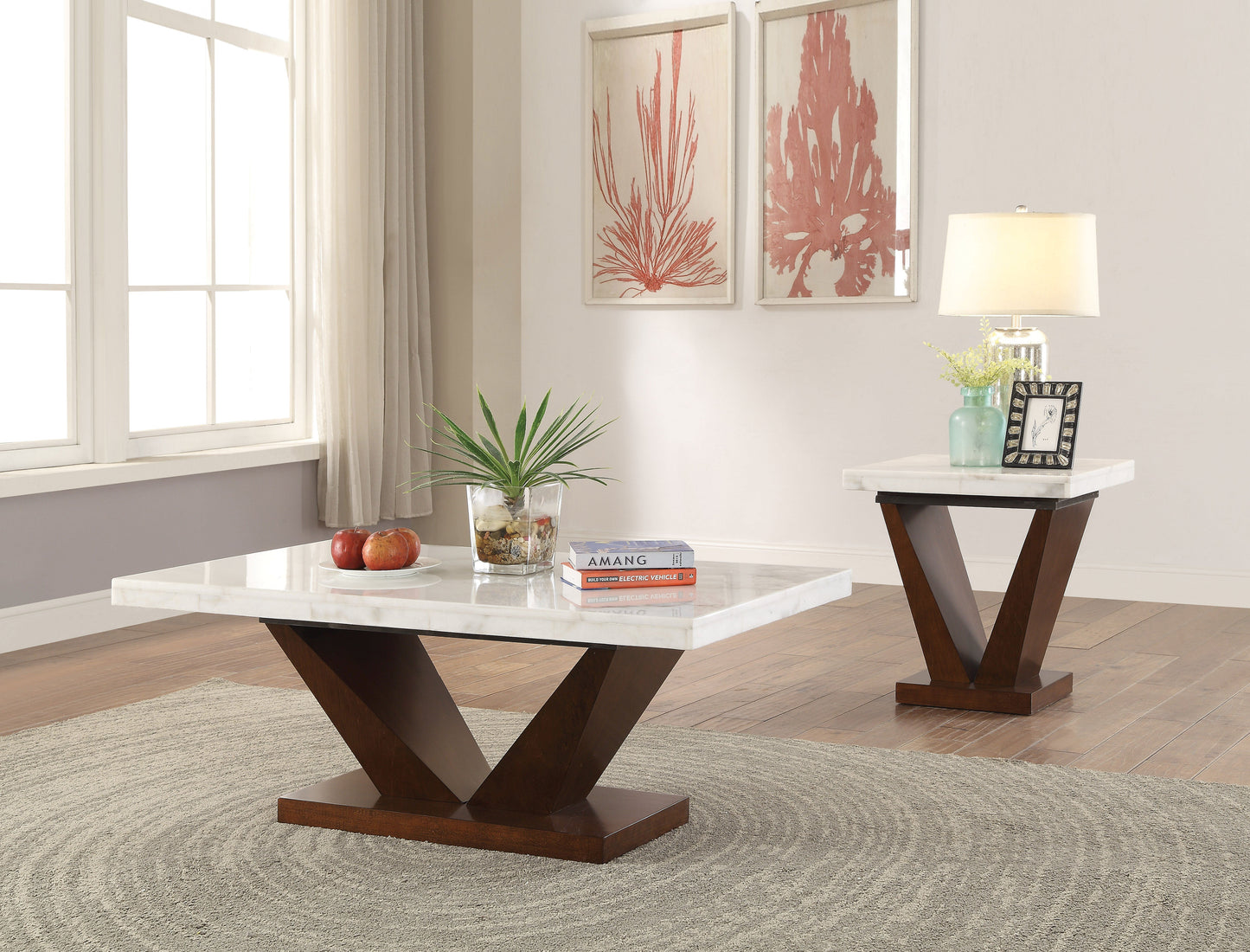 Forbes White Marble & Walnut Coffee Table ACME East