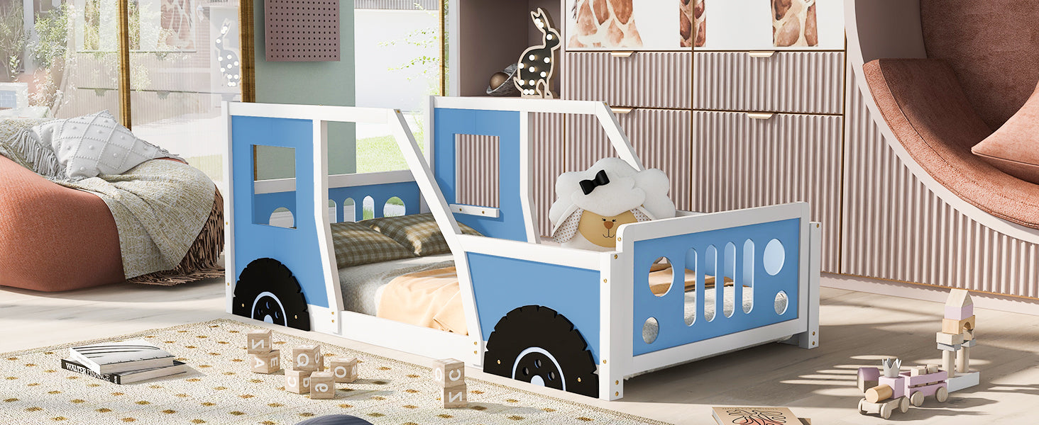 Twin Size Classic Car-Shaped Platform Bed with Wheels,Blue House to Home Furnishings LLC