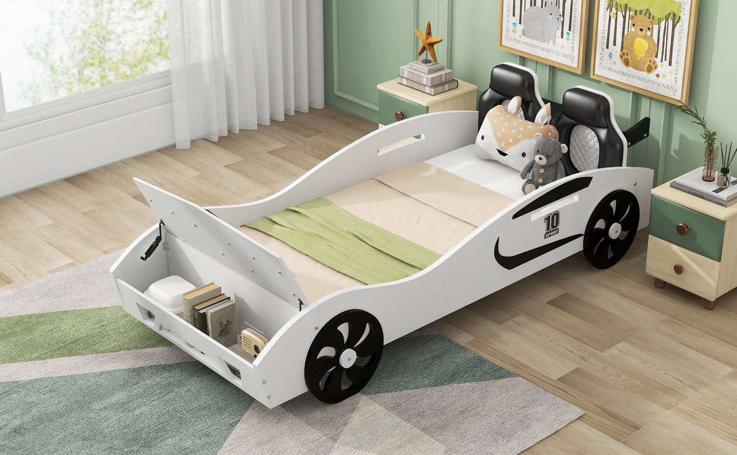 Twin Size Race Car-Shaped Platform Bed with Upholstered Backrest and Storage, White House to Home Furnishings LLC