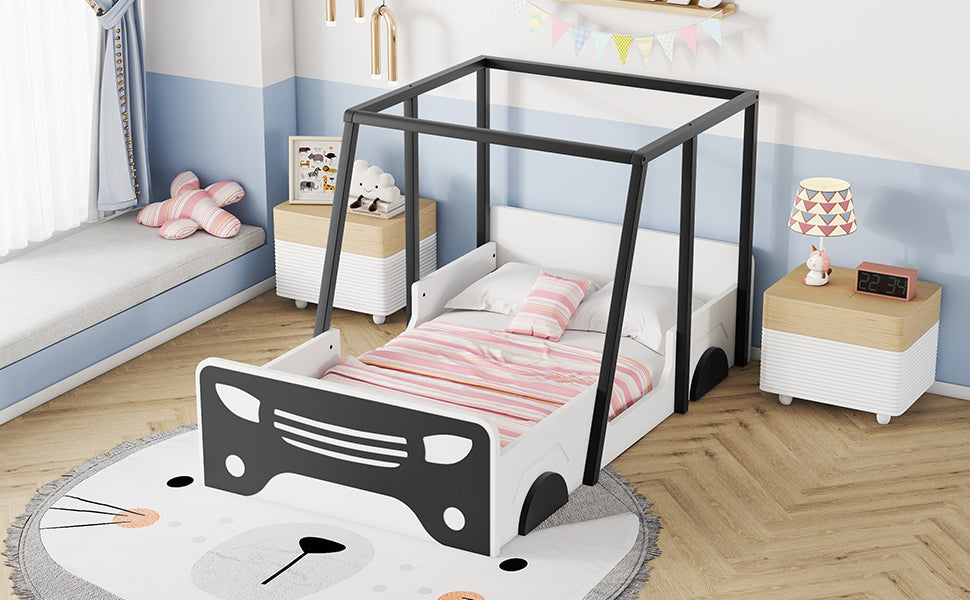 Twin Size Car-shaped Bed with Roof,Wooden Twin Floor Bed with wheels and door Design,Montessori Inspired Bedroom,Black House to Home Furnishings LLC