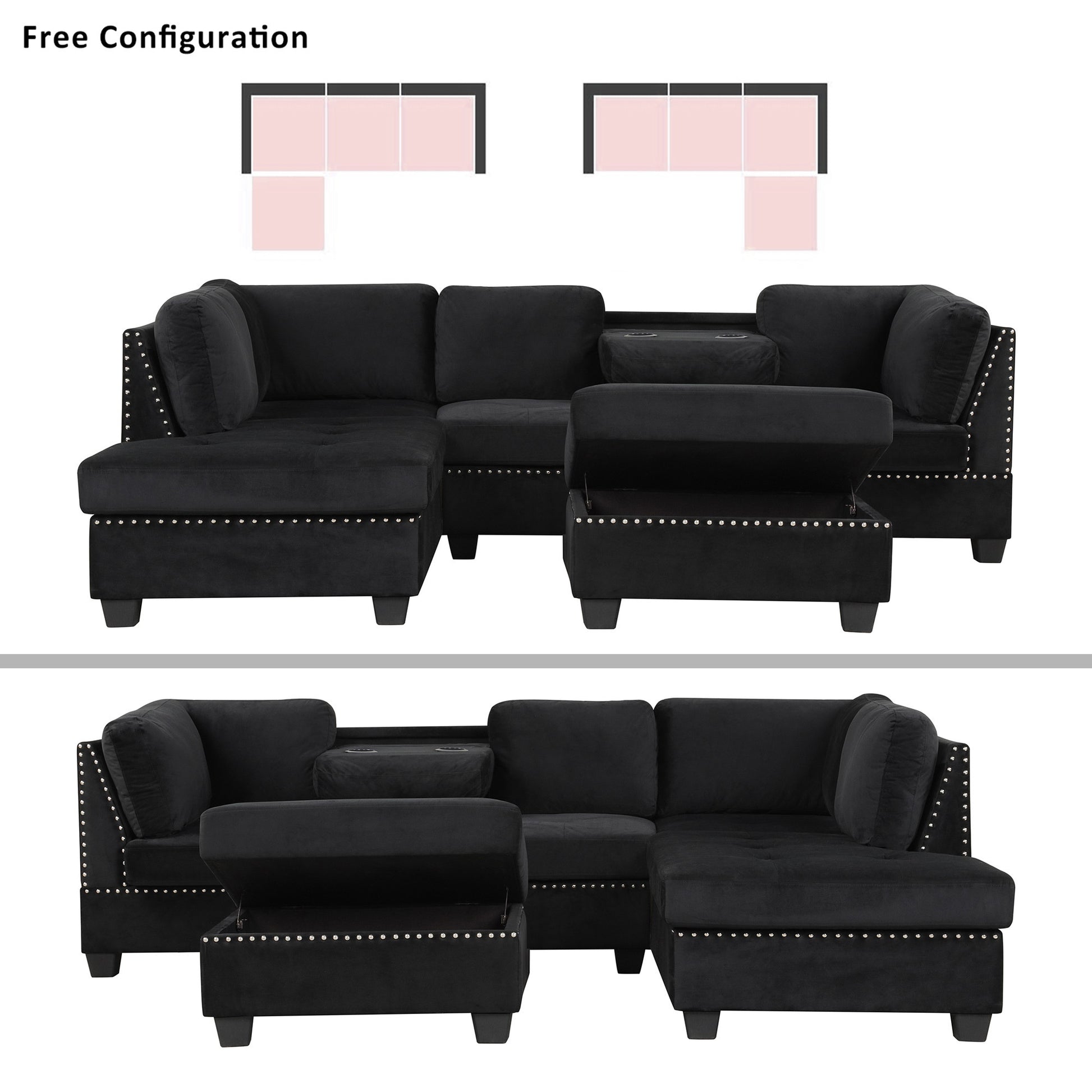 104.5" Reversible Sectional Sofa Space Saving with Storage Ottoman Rivet Ornament L-
shape Couch for Small or Large Space Dorm Apartment,Black(Old:SG000406AAA) House to Home Furnishings LLC