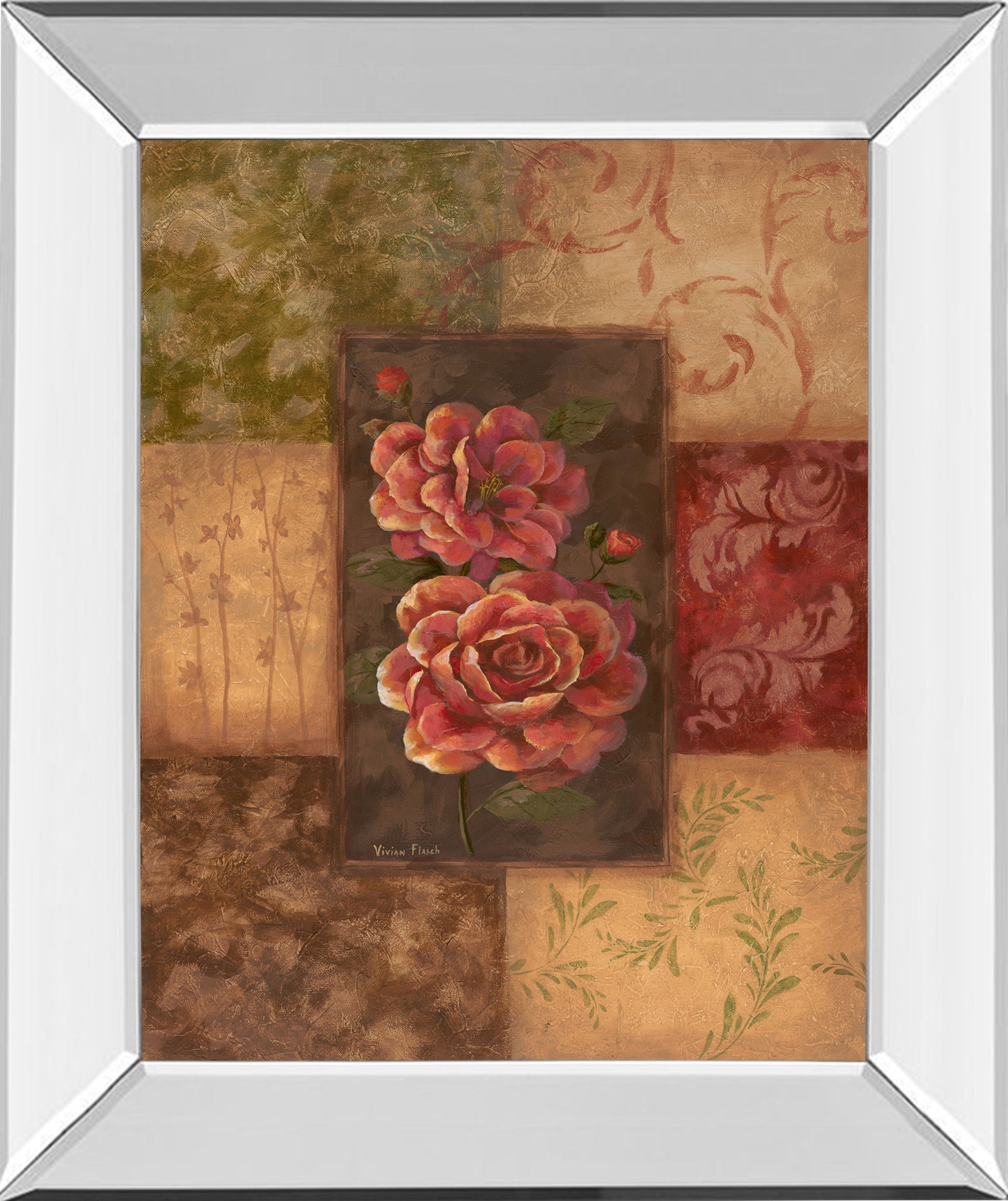 Camellias On Chocolate By Vivian Flasch - Mirror Framed Print Wall Art - Red Classy Art