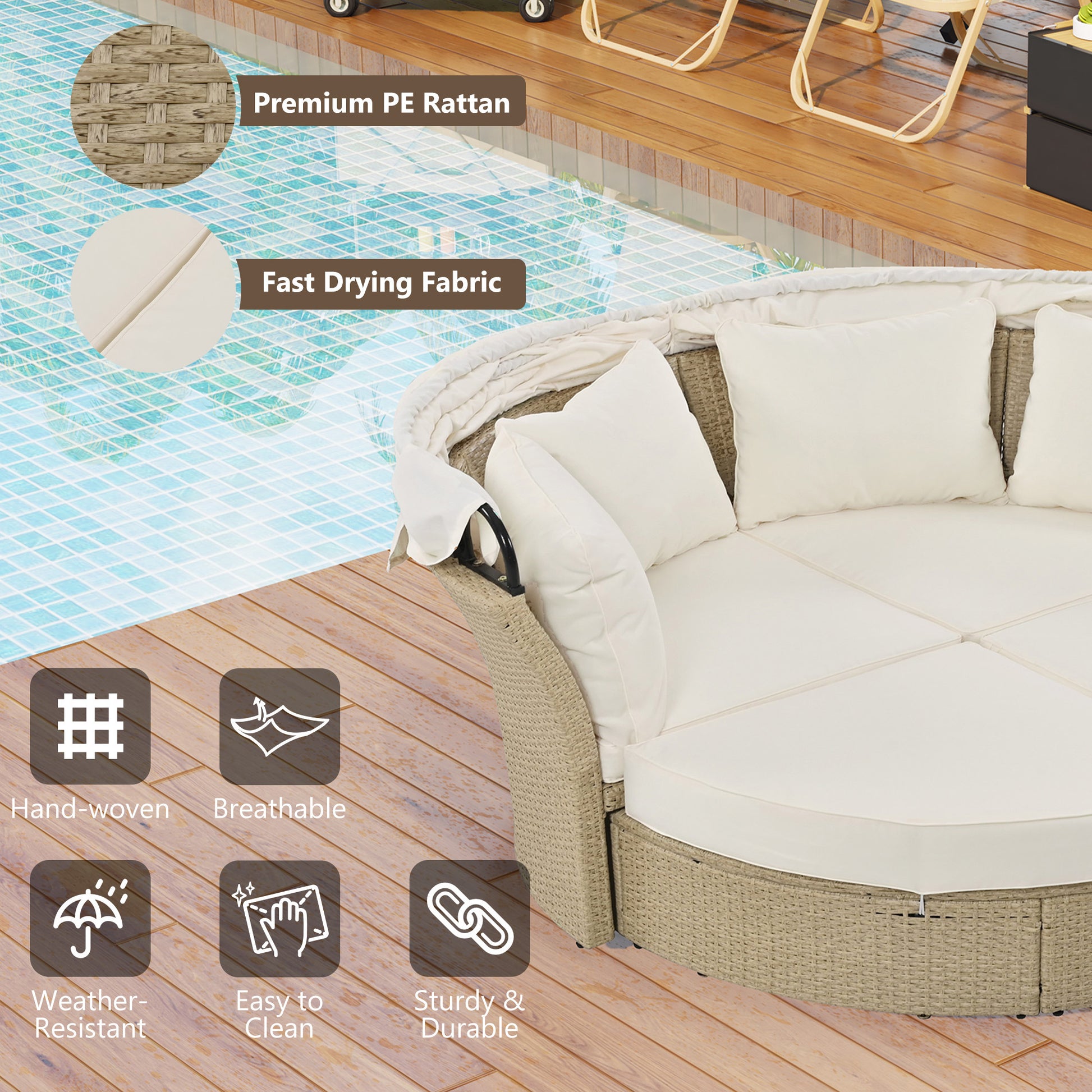 Outdoor Patio Daybed Wicker Rattan Double Daybed Round Sofa Furniture Set with Retractable Canopy, 4 Pillows for Lawn Garden Backyard Porch Pool, Beige House to Home Furnishings LLC