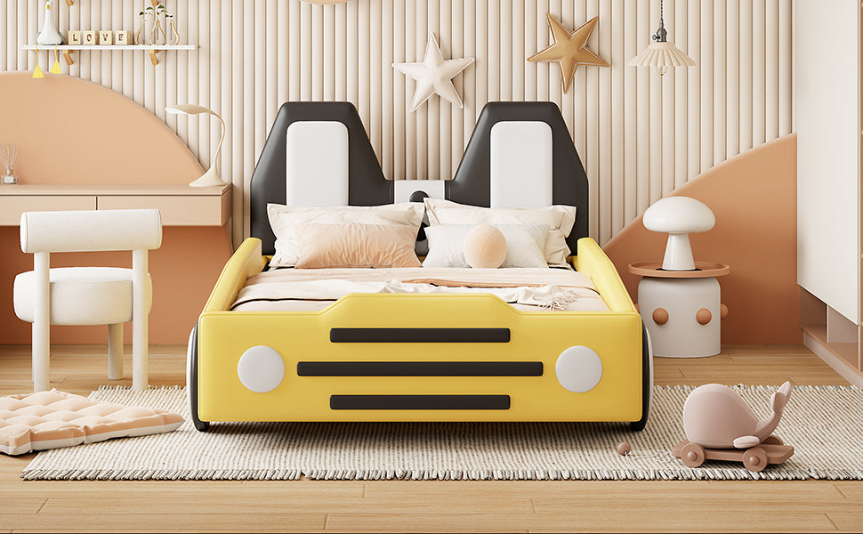 Twin Size Race Car-Shaped Platform Bed with Wheels,Yellow House to Home Furnishings LLC