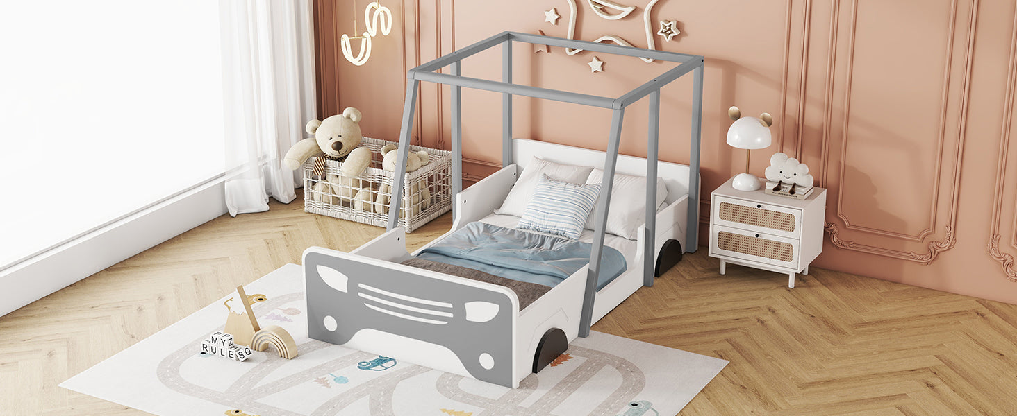 Twin Size Car-shaped Bed with Roof,Wooden Twin Floor Bed with wheels and door Design,Montessori Inspired Bedroom,Grey House to Home Furnishings LLC