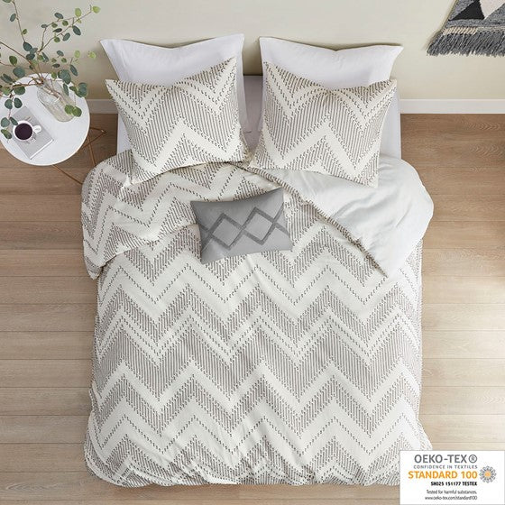 4 Piece Cotton Clip Jacquard Comforter Set Grey Cal King Olliix.com