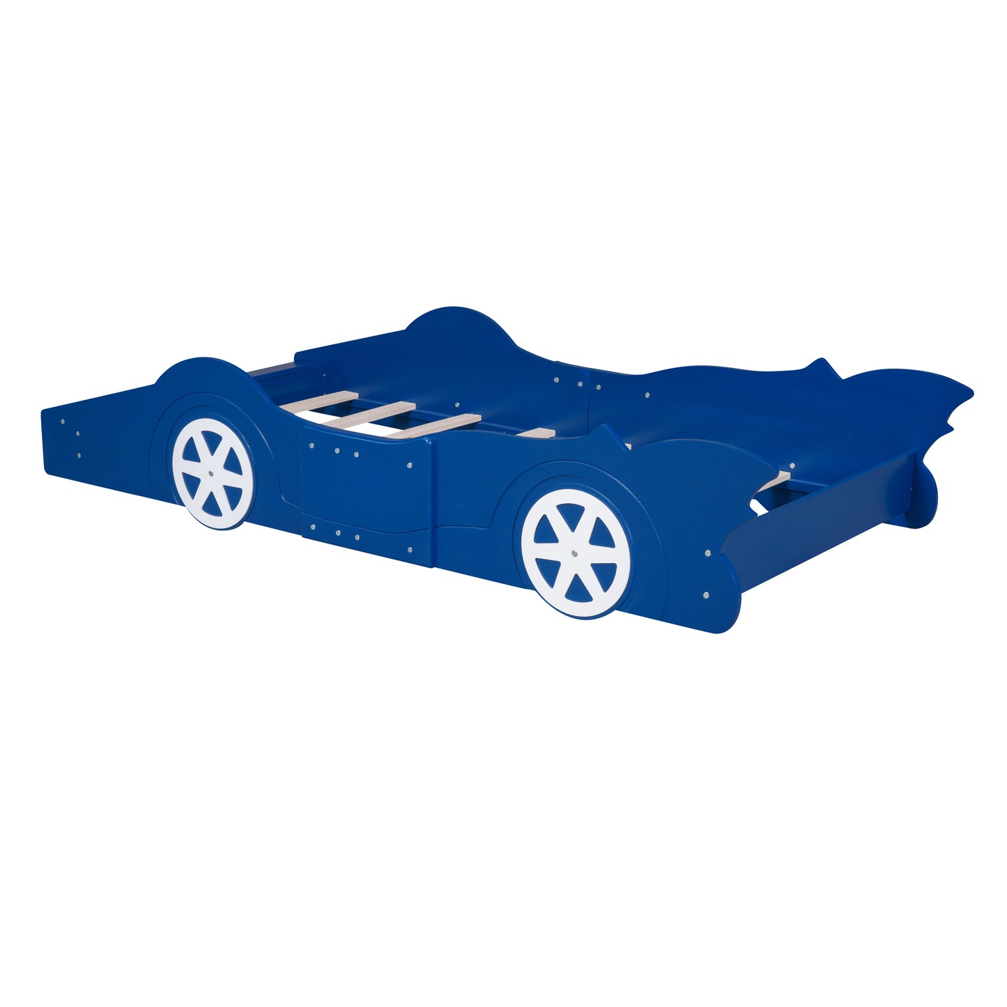 Twin Size Race Car-Shaped Platform Bed with Wheels,Blue (FREE SHIPPING) House to Home Furnishings LLC