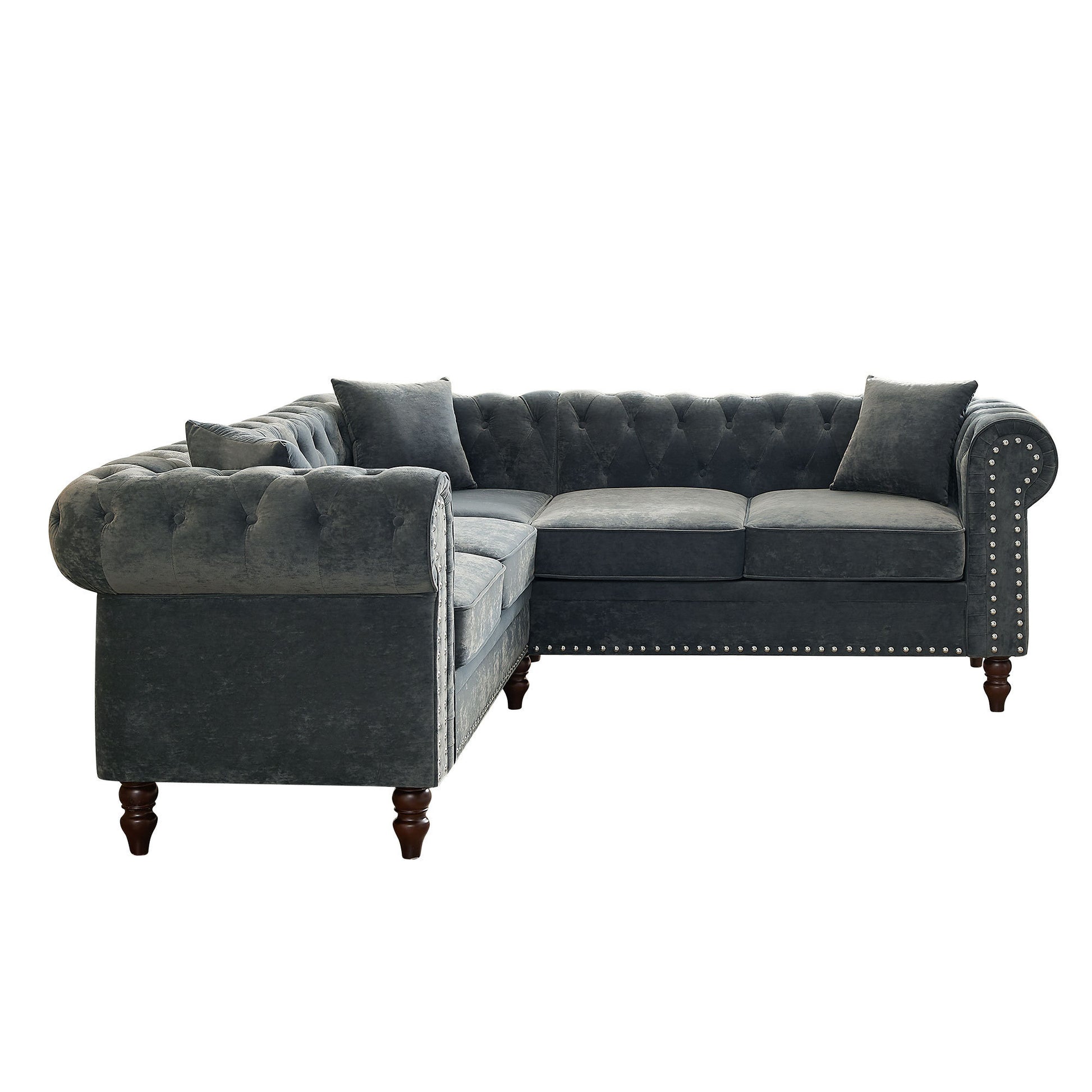 MH 80" Deep Button Tufted Upholstered Roll Arm Luxury Classic Chesterfield L-shaped Sofa 3 Pillows Included, Solid Wood Gourd Legs, Grey velvet ***(FREE SHIPPING)*** House to Home Furnishings LLC