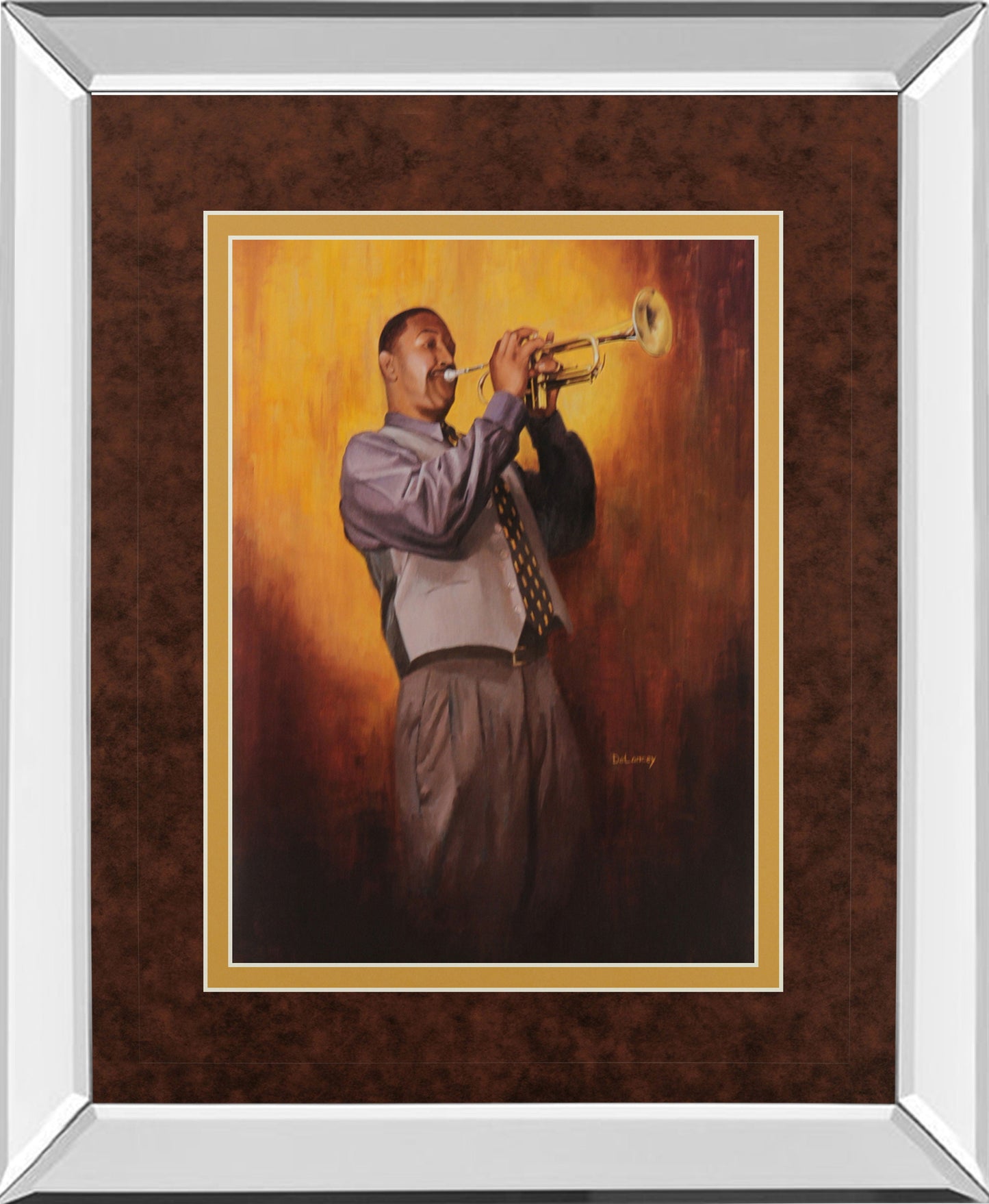 Trumpet Man By Delancy - Mirror Framed Print Wall Art - Yellow Classy Art