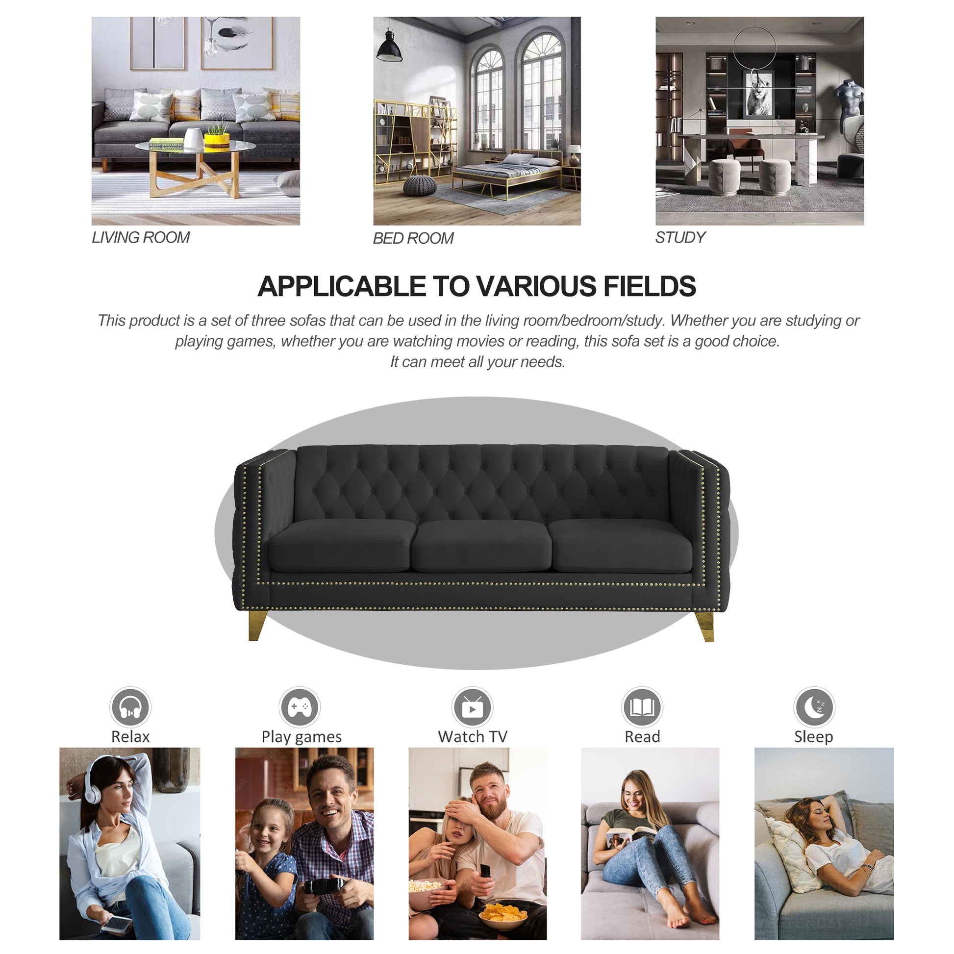 {Contact us for 3D modeling} Velvet Sofa for Living Room,Buttons Tufted Square Arm Couch, Modern Couch Upholstered Button and Metal Legs, Sofa Couch for Bedroom, Black Velvet(W834S00022) House to Home Furnishings LLC