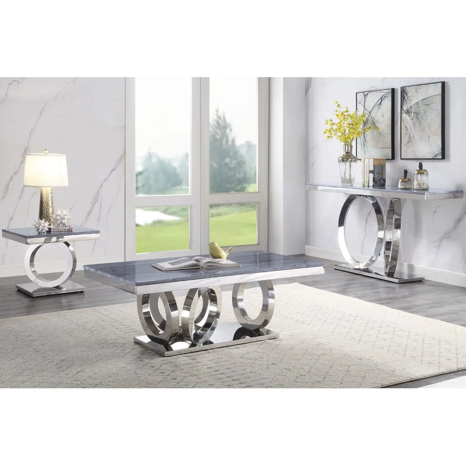 Zasir Gray Printed Faux Marble & Mirrored Silver Finish Table Set ACME East