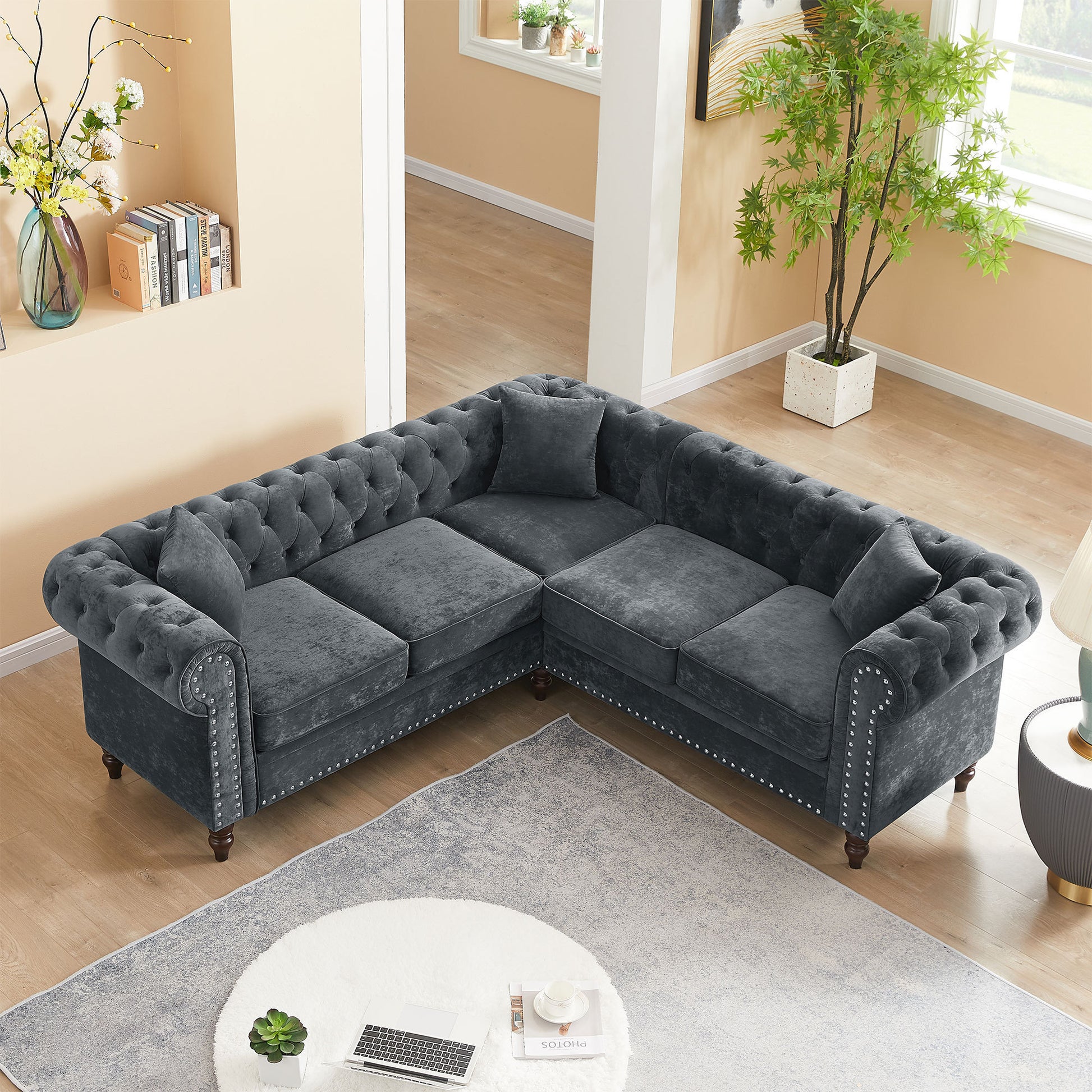 MH 80" Deep Button Tufted Upholstered Roll Arm Luxury Classic Chesterfield L-shaped Sofa 3 Pillows Included, Solid Wood Gourd Legs, Grey velvet ***(FREE SHIPPING)*** House to Home Furnishings LLC