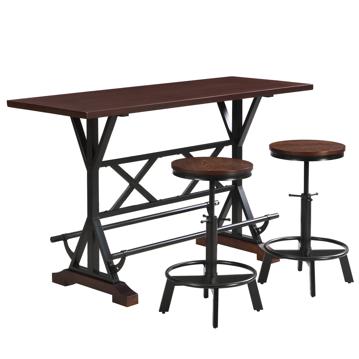 3-Piece Dining Table Set, 59" Wooden Sofa Side Table with Stabilizing Base, Rustic Brown Industrial Adjustable Height Stools, Modern Bar Table and Chairs for Living Room, Dining Room, and Space Saving House to Home Furnishings LLC