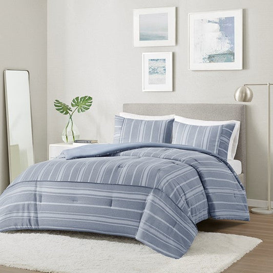 3 Piece Striped Herringbone Oversized Comforter Set Blue Full/Queen Olliix.com