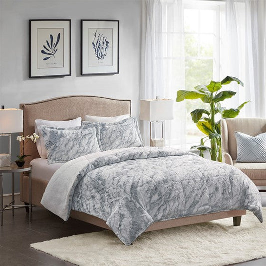 Marble Faux Fur Comforter Set Grey/Blue King Olliix.com