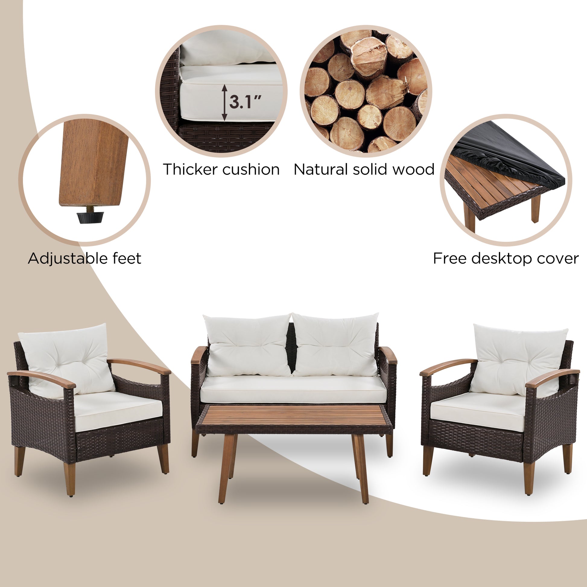 GO 4-Piece Garden Furniture,  Patio Seating Set, PE Rattan Outdoor Sofa Set, Wood Table and Legs, Brown and Beige House to Home Furnishings LLC