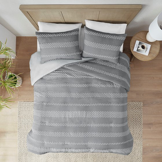 3 Piece Clipped Jacquard Duvet Cover Set Gray Full/Queen Olliix.com