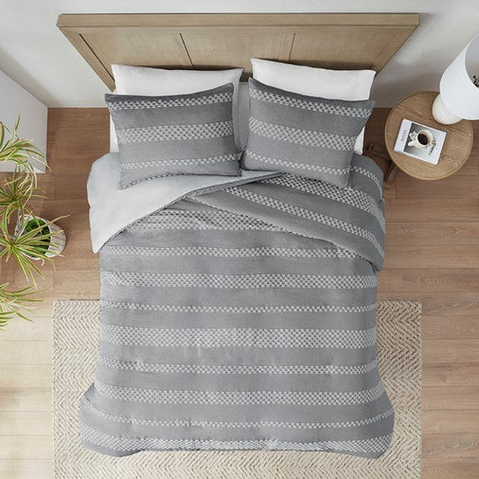 3 Piece Clipped Jacquard Duvet Cover Set Gray Full/Queen Olliix.com