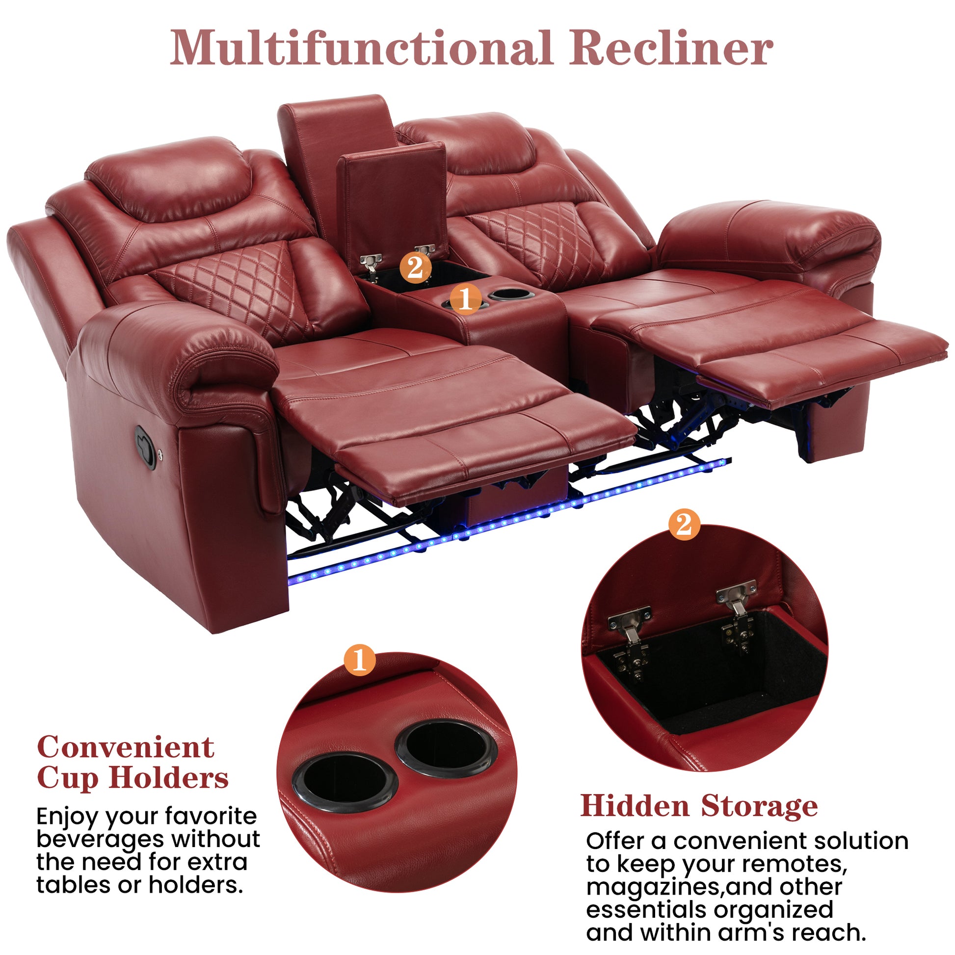 3 Pieces Recliner Sofa Sets Home Theater Seating Manual Recliner Chair with Center Console and LED Light Strip for Living Room, Wind Red House to Home Furnishings LLC