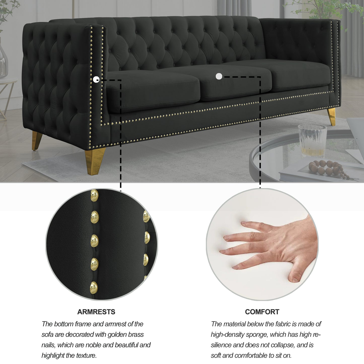 {Contact us for 3D modeling} Velvet Sofa for Living Room,Buttons Tufted Square Arm Couch, Modern Couch Upholstered Button and Metal Legs, Sofa Couch for Bedroom, Black Velvet(W834S00022) House to Home Furnishings LLC