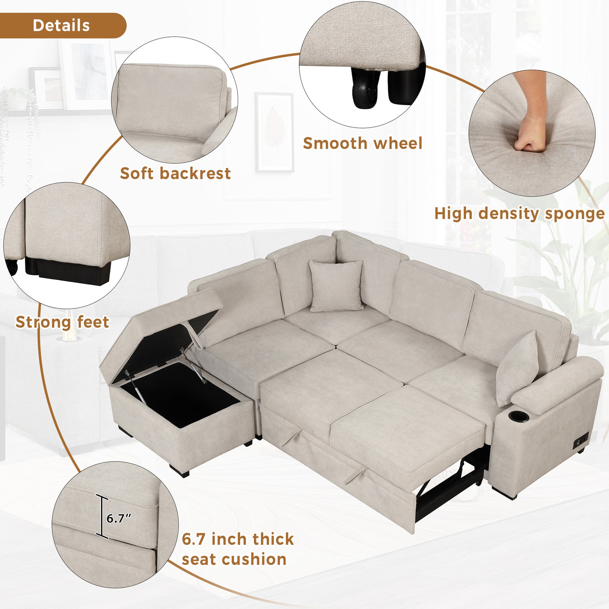 87.4" Sleeper Sofa Bed,2 in 1 Pull Out sofa bed L Shape Couch with Storage Ottoman for Living Room,Bedroom Couch and Small Apartment, Beige House to Home Furnishings LLC