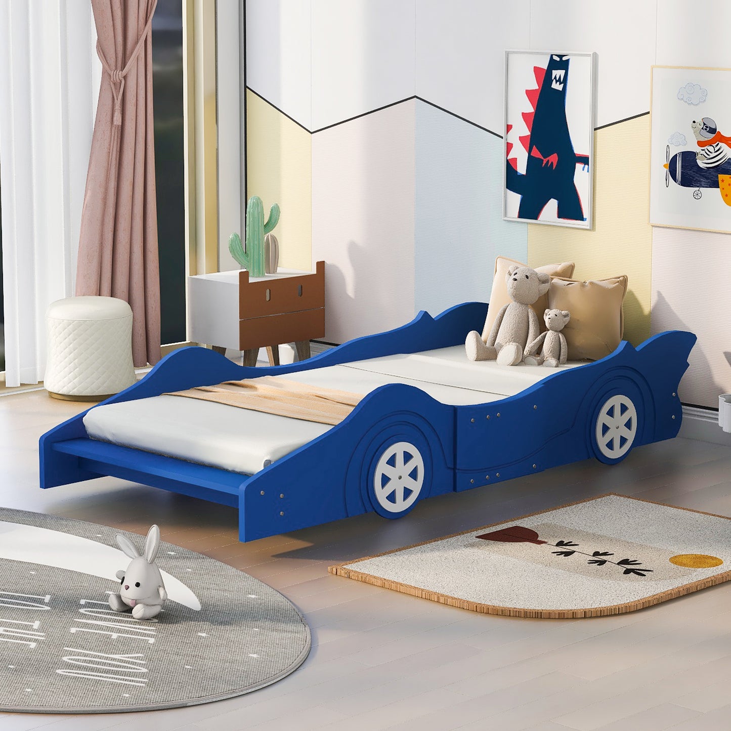 Twin Size Race Car-Shaped Platform Bed with Wheels,Blue (FREE SHIPPING) House to Home Furnishings LLC