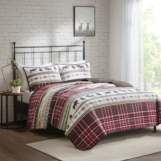 Oversized 3 PC Microfiber Quilt Set Red/Brown Full/Queen Olliix.com