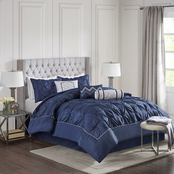 7 Piece Tufted Comforter Set Navy Cal King Olliix.com