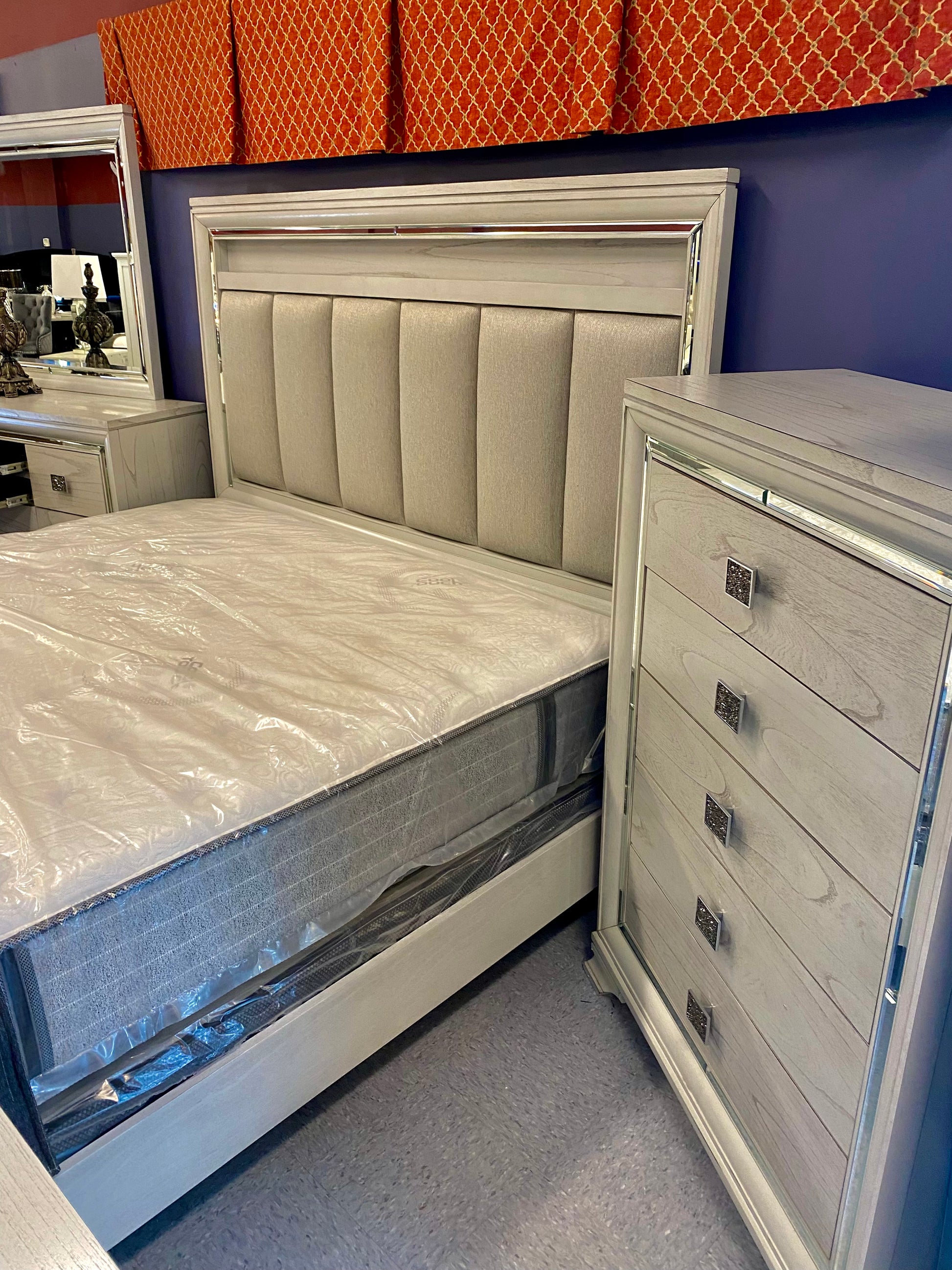 Santino 6pc Vail Dove Grey “LED”Bedroom Collection with Beveled Mirrored Accents House to Home Furnishings LLC