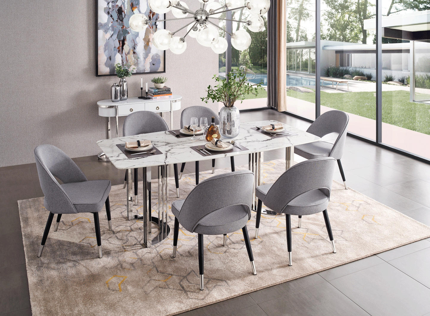 ESF Furniture - 131 Silver Marble 8 Piece Dining Room Set w-1ext in Silver - 131DININGTABLESS-8SET ESF Furniture