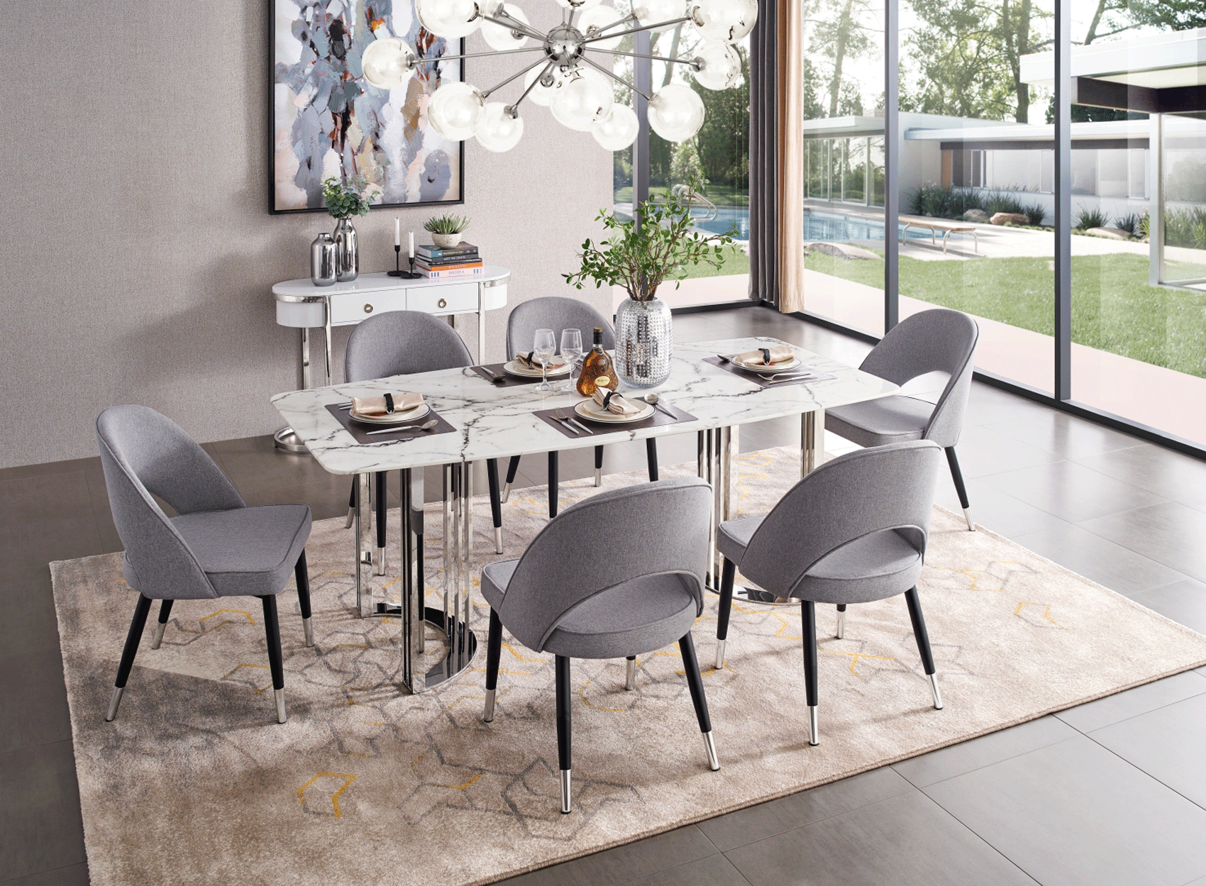 ESF Furniture - 131 Silver Marble 8 Piece Dining Room Set w-1ext in Silver - 131DININGTABLESS-8SET ESF Furniture