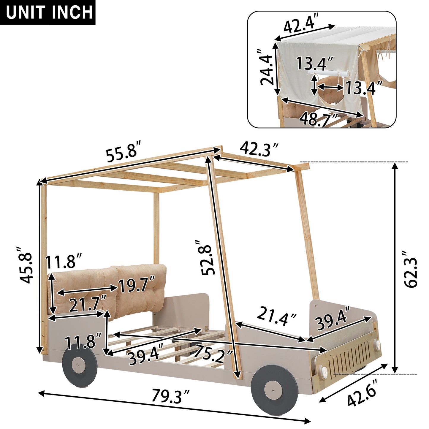 Wood Twin Size Car Bed with Pillow, Ceiling Cloth and LED, Natural House to Home Furnishings LLC