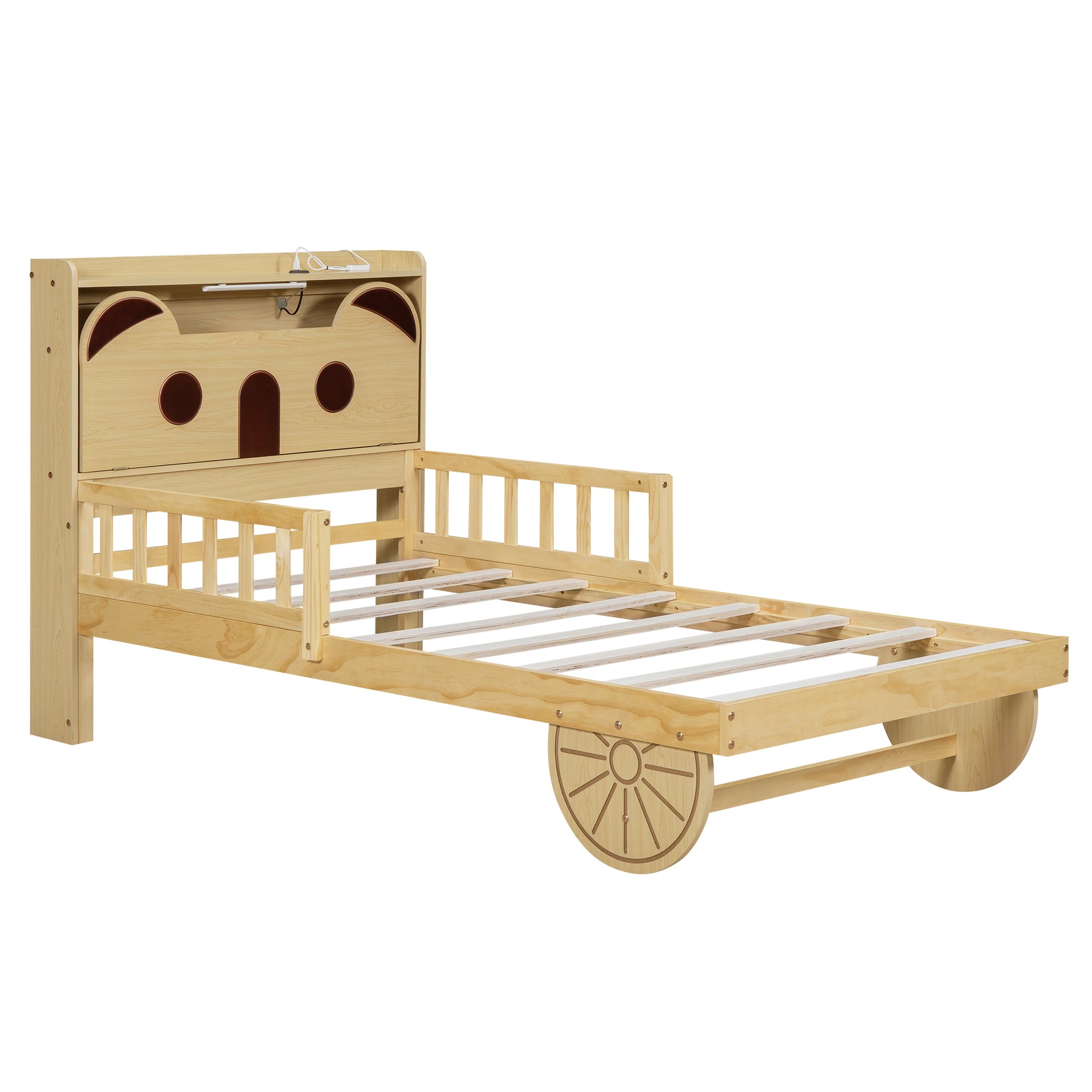 Twin Size Car Bed with Bear-Shaped Headboard, USB and LED, Natural House to Home Furnishings LLC