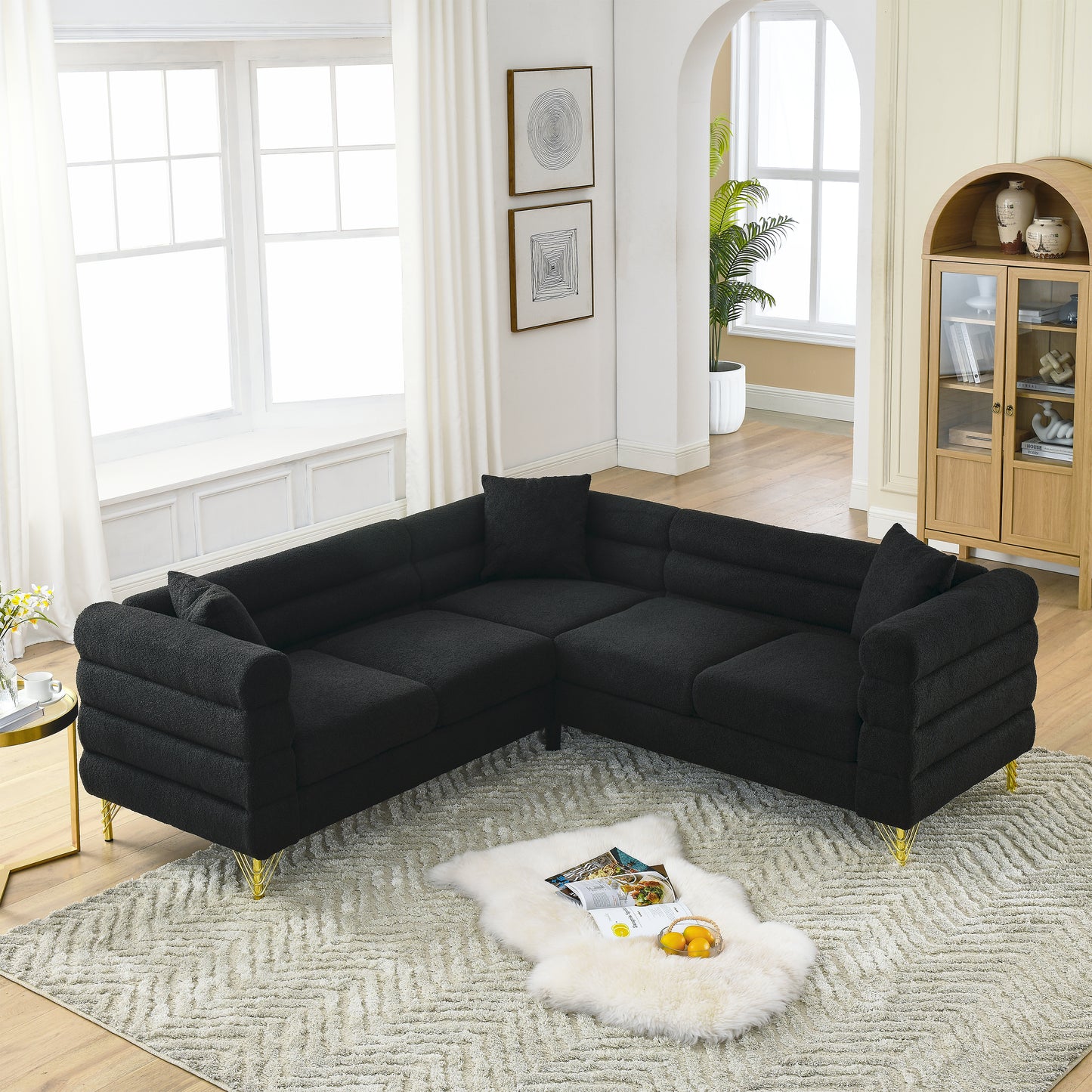 81.5-Inch Black Velvet Oversized Corner Sofa, L-Shaped Sectional Couch,   5-Seater Corner Sofas with 3 Cushions for Living Room, Bedroom, Apartment, Office House to Home Furnishings LLC