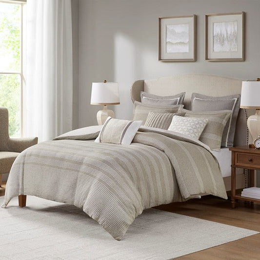 9 Piece Oversized Jacquard Comforter Set with Euro Shams and Throw Pillows Natural/Beige Cal King Olliix.com