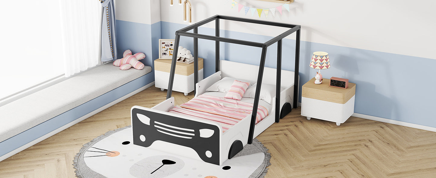 Twin Size Car-shaped Bed with Roof,Wooden Twin Floor Bed with wheels and door Design,Montessori Inspired Bedroom,Black House to Home Furnishings LLC