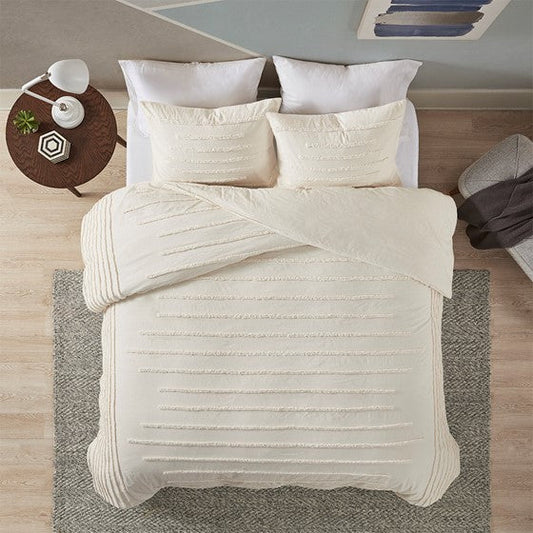 3 Piece Cotton Chenille Comforter Set Ivory Full/Queen Olliix.com