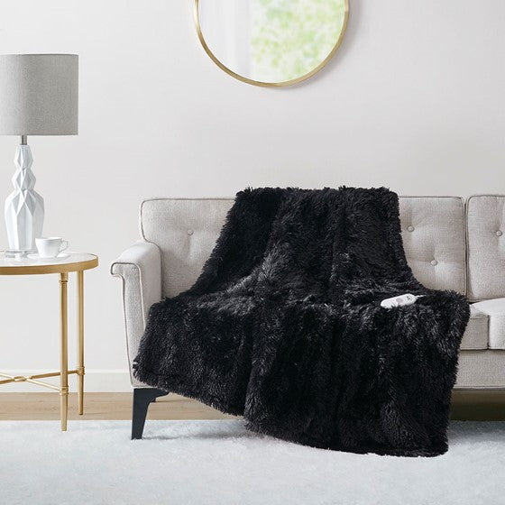 Shaggy Faux Fur Heated Throw Black Olliix.com