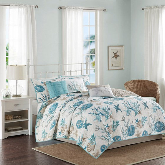 6 Piece Cotton Sateen Quilt Set with Throw Pillows Aqua Full/Queen Olliix.com